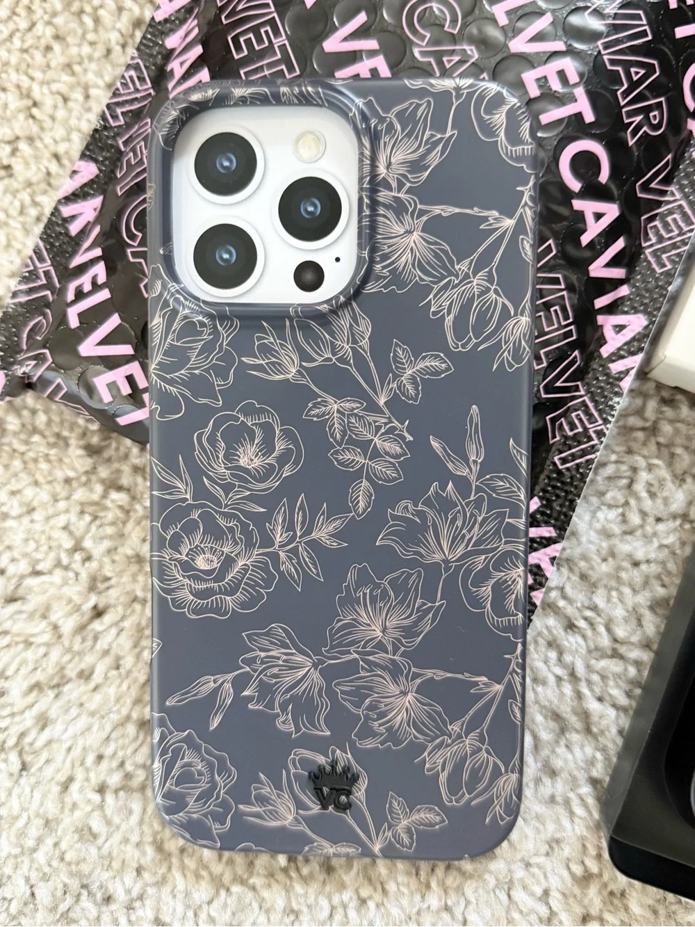 Velvet Caviar iPhone 16 Pro Max gold and black floral phone case